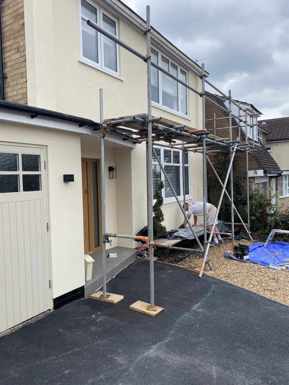 Front of a house with scaffold up
